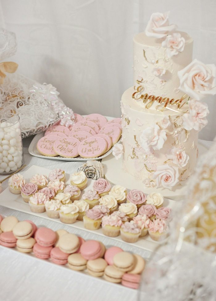 Mesa dulce con torta de dos pisos, cupcakes y macarons